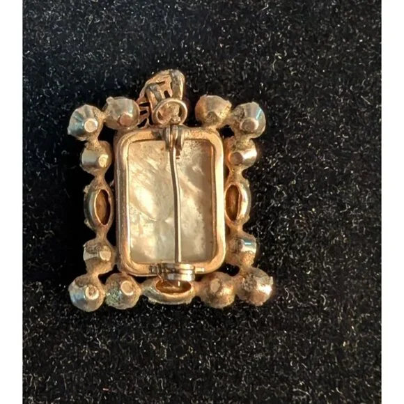 Vintage Pink Green Rhinestone Brooch Pendant Filigree Flower Mother of Pearl - Picture 13 of 14